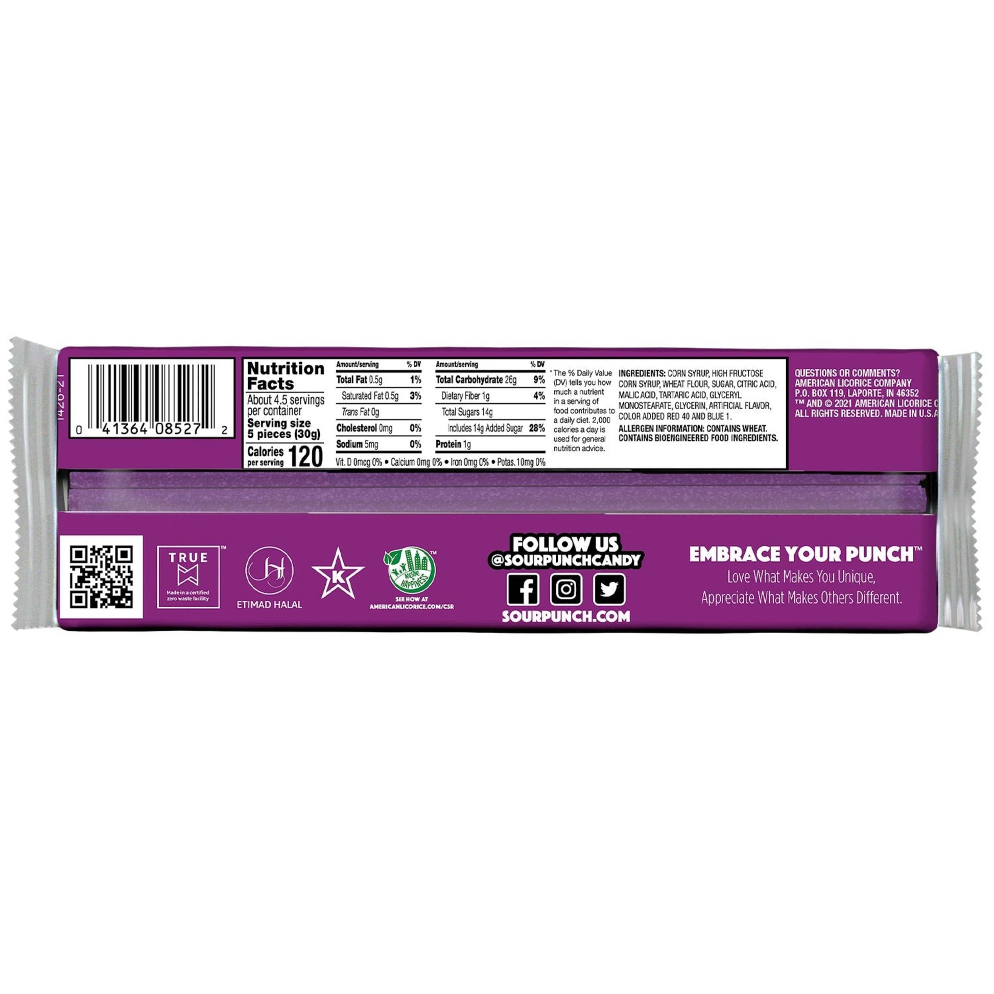 Sour Punch Grape Candy Straws Back of Package - Sour Punch Grape Straws