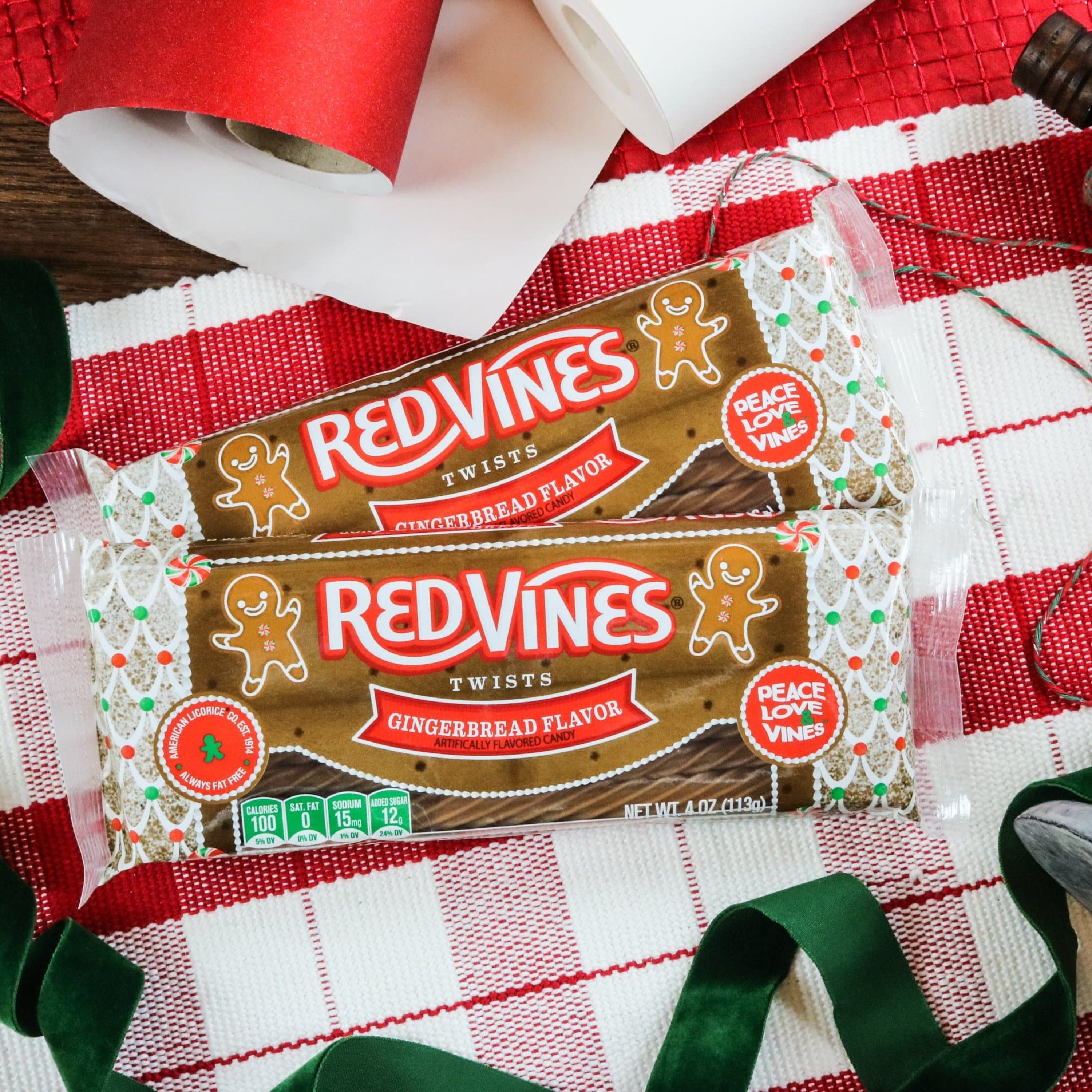 RED VINES Gingerbread flavored licorice twists trays on festive wrapping paper