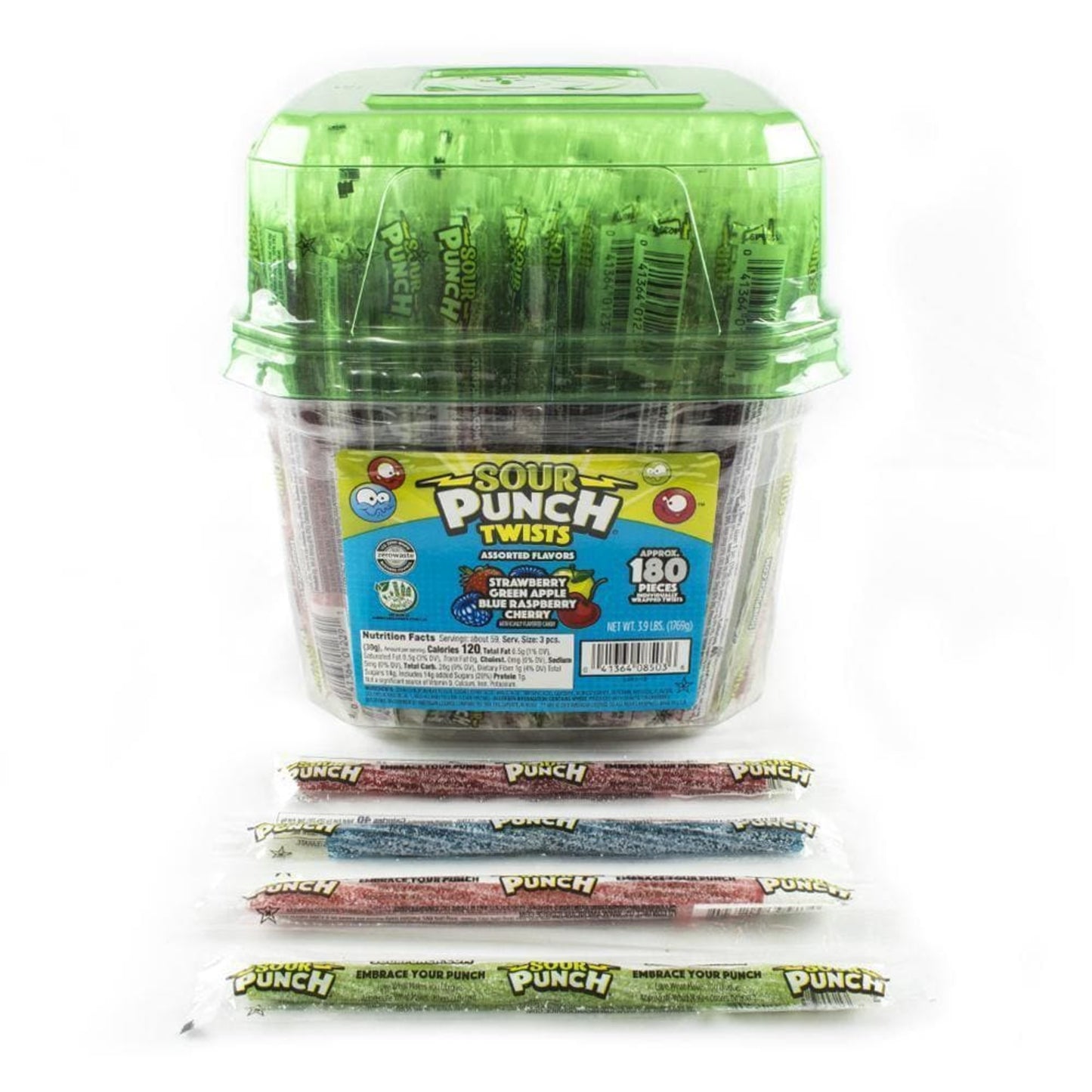 Sour Punch Twists Front of Tub with 6-inch individually wrapped candy in Front - Sour Twist Candy
