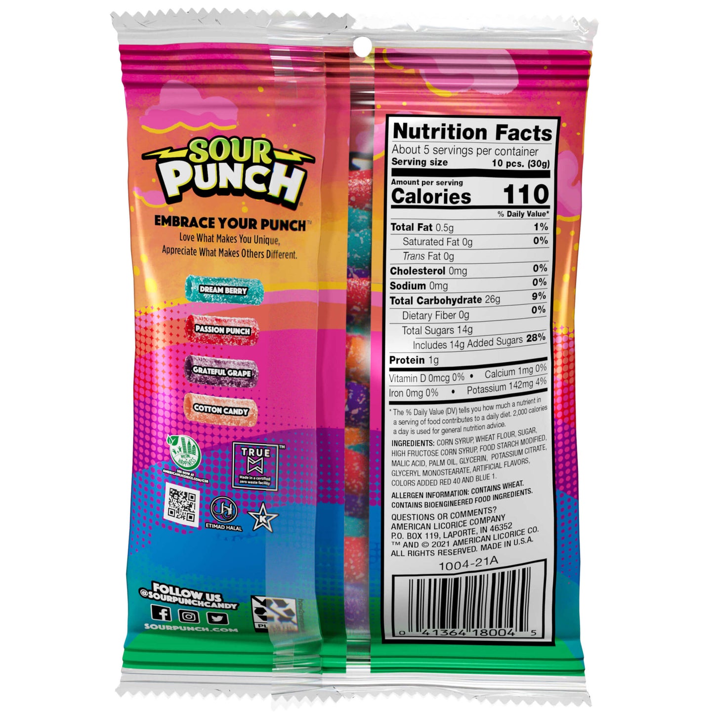 Back of Sour Punch Sweet (not sour) Bites Assorted Candy 5oz bag